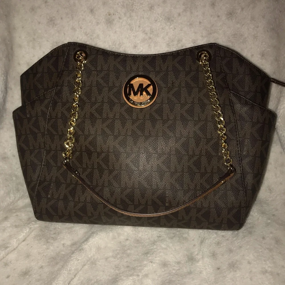 Michael Kors Brown Signature MK Logo Tote Bag with Gold Chain New without tags